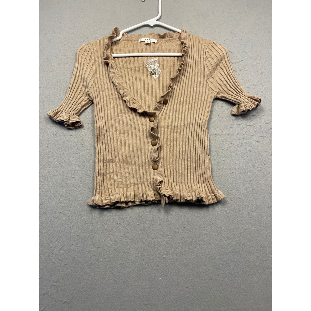 E & M Cardigan Top Ribbed Knit Tan Small Womens